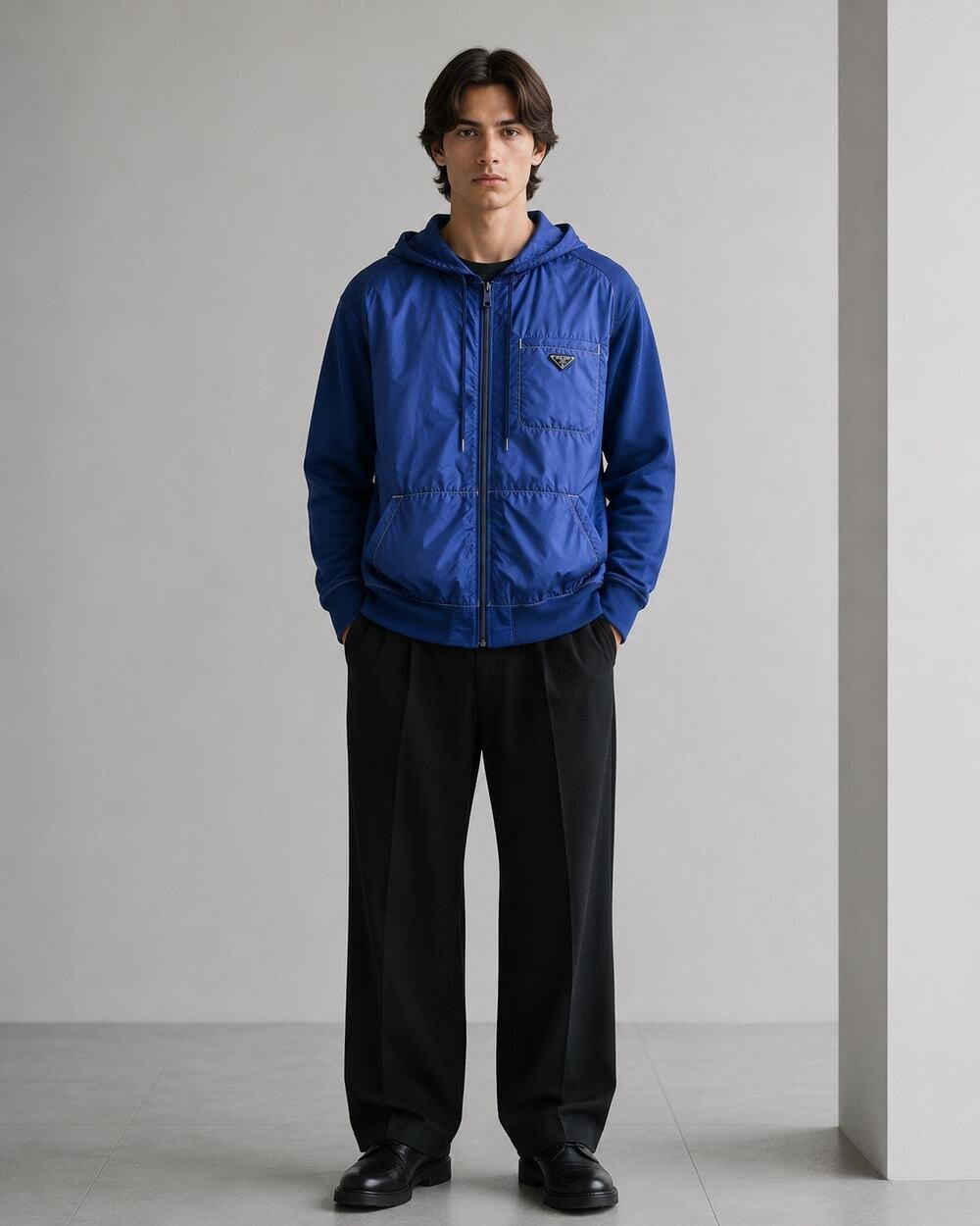 Prada Nylon Metal Hybrid Zip Hoodie Jacket Blue